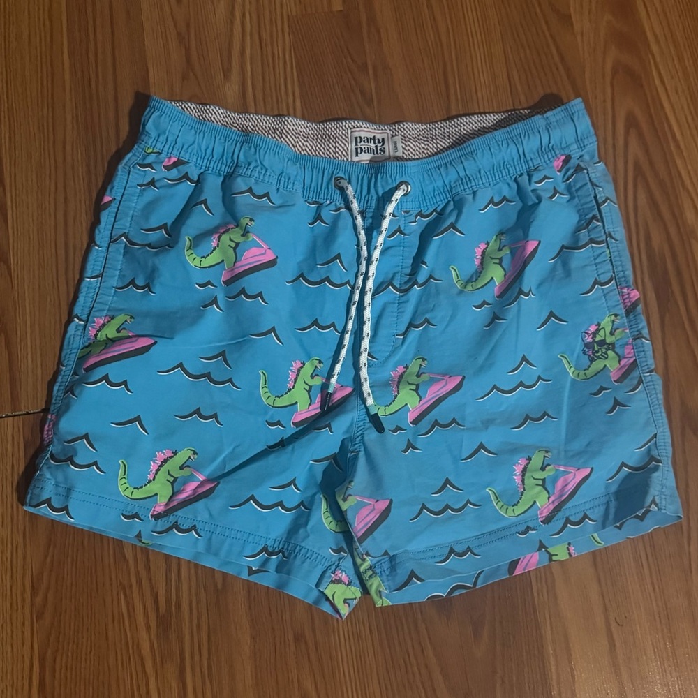 Party Pants Dino‎ Ripper Blue Board Shorts Men’s Swim Trunks Size L Funny Humor